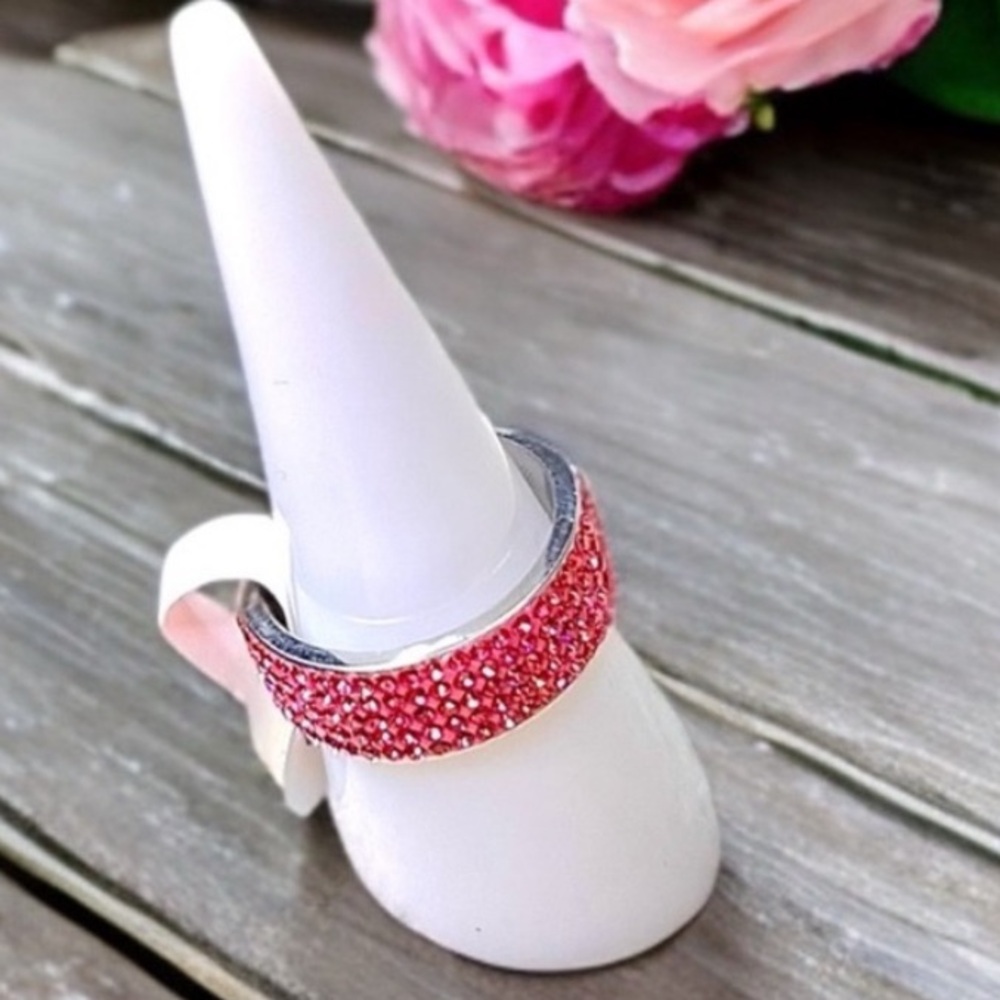 Stainless Steel 5 Rows of Rose Pink AAA Crystal Wedding Ring Jewelry NWT